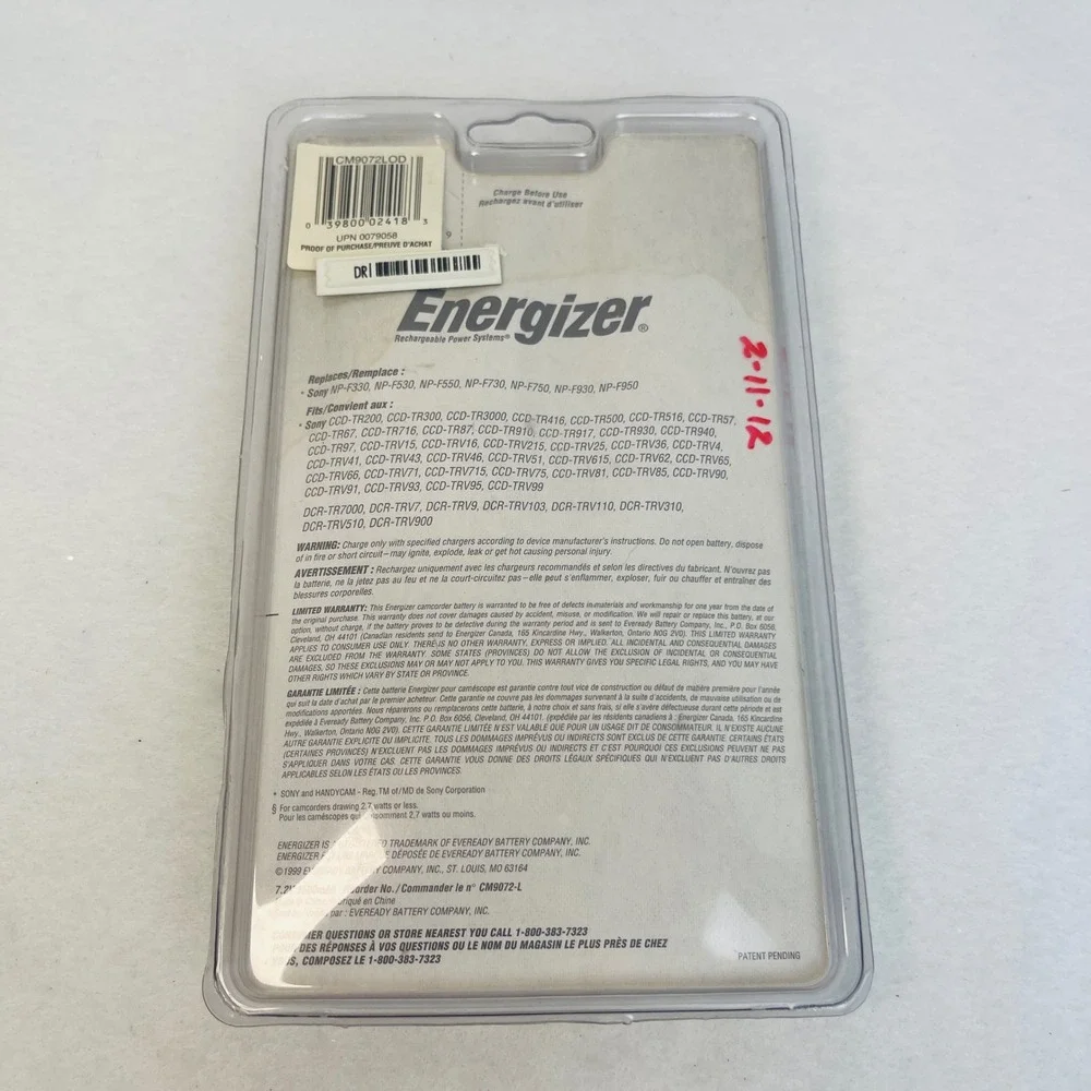 Energizer Camcorder Battery CM9072 Sony NP-F550 NP-F750 NP-F950 Lithium-Ion NEW